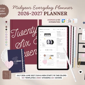 2026-2027 Midyear Digital Planner, Samsung Notes, GoodNotes Planner, Minimalist Hyperlinked Planner, Weekly, Monthly, Daily Portrait Planner