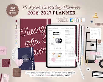2026-2027 Midyear Digital Planner, Samsung Notes, GoodNotes Planner, Minimalist Hyperlinked Planner, Weekly, Monthly, Daily Portrait Planner