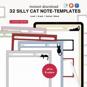 32 modèles numériques de prise de notes Silly Cat | ligné, graphique, pointillé, blanc | GoodNotes, Samsung Notes, etc. (téléchargement numérique)