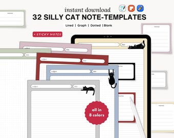 32 Silly Cat Digital Note-Taking Templates | Lined, Graph, Dotted, Blank | GoodNotes, Samsung Notes etc. (Digital Download)