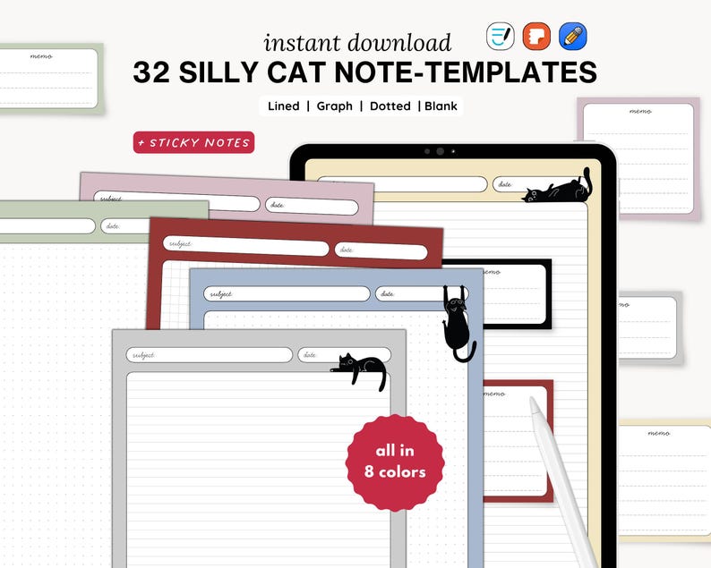 32 simpatici modelli digitali per prendere appunti con i gatti / Righe, a quadretti, a puntini, vuoti / compatibili con GoodNotes, Samsung Notes ecc. (Download digitale) immagine 1