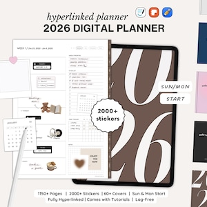 Puede incluir: Un planificador digital para 2026, con una tableta que muestra un calendario y una lista de tareas. La imagen incluye pegatinas, portadas y el texto "2026 DIGITAL PLANNER". El texto adicional dice "1150+ Pages | 2000+ Stickers | 60+ Covers | Sun & Mon Start."