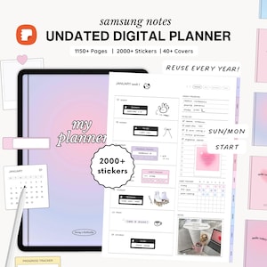 Op de afbeelding: Een digitale planner voor Samsung Notes met een roze en paarse gradiënt achtergrond. De planner is niet gedateerd en bevat meer dan 1150 pagina's, 2000 stickers en 40 covers. De tekst "my planner" is geschreven in een wit cursief lettertype op de cover. De tekst "REUSE EVERY YEAR!" is geschreven in zwarte tekst op een witte achtergrond.