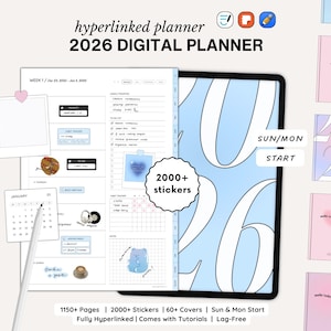 Puede incluir: Un planificador digital para 2026, mostrado en una tableta, con el texto "2026 DIGITAL PLANNER". El planificador incluye un calendario, listas de tareas y pegatinas. La imagen también muestra varias portadas de planificadores en varios colores. El texto dice "1150+ Pages | 2000+ Stickers | 60+ Covers."