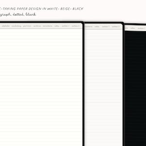 Może przedstawiać: Cztery r&oacute;żne wzory papieru do robienia notatek w kolorze białym, beżowym i czarnym. Wzory obejmują papier w linie, kratkę, kropki i gładki.