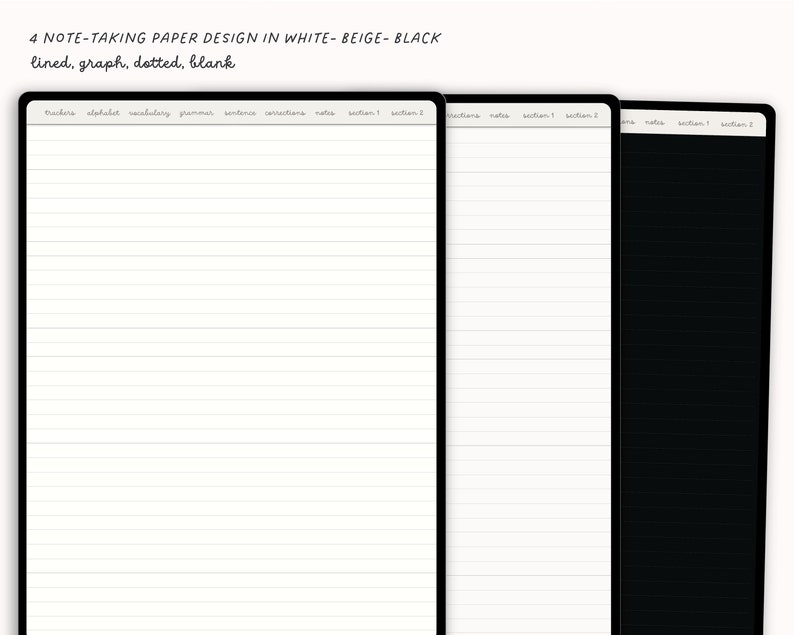 Może przedstawiać: Cztery r&oacute;żne wzory papieru do robienia notatek w kolorze białym, beżowym i czarnym. Wzory obejmują papier w linie, kratkę, kropki i gładki.
