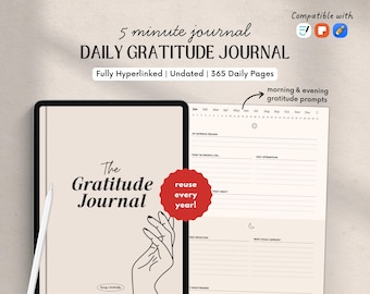 365 Day Gratitude Journal, Minimalist Digital Diary, PDF 5 Minute Journal for iPad & Tablet, GoodNotes Planner
