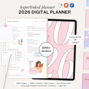May include: Digital planner for 2026 with a pink and white design. The planner includes 1150+ pages, 2000+ stickers, and 60+ covers. The planner is fully hyperlinked and comes with tutorials. The text on the image says "hyperlinked planner 2026 DIGITAL PLANNER".