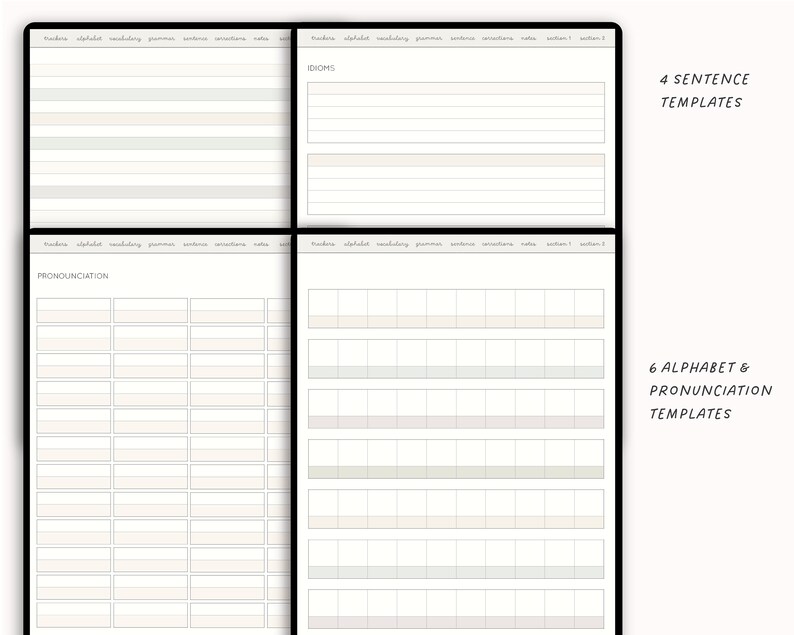Może przedstawiać: Drukowany szablon arkusza roboczego do nauki języka angielskiego. Arkusz roboczy jest podzielony na sekcje do śledzenia słownictwa, gramatyki, wymowy i struktury zdań. Szablon zawiera miejsce na 4 szablony zdań i 6 szablon&oacute;w alfabetu i wymowy.