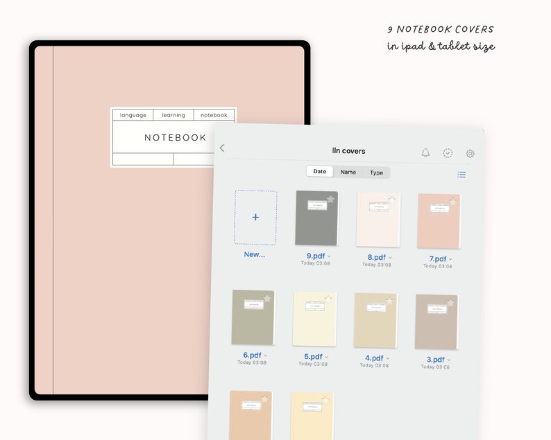 Może przedstawiać: Dziewięć cyfrowych okładek do zeszyt&oacute;w w rozmiarze iPada i tabletu. Okładki są w r&oacute;żnych odcieniach beżu, brązu i szarości. Okładki mają mały wz&oacute;r gwiazdki w prawym g&oacute;rnym rogu. Okładki są oznaczone numerami od 3 do 9 i datą "Dzisiaj 03:08".