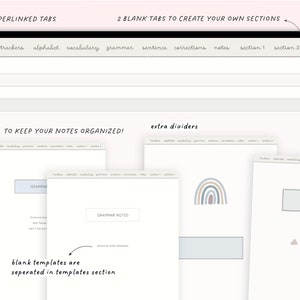 Może przedstawiać: Szablon cyfrowego planera z zakładkami do śledzenia, alfabetu, słownictwa, gramatyki, zdań, poprawek, notatek, sekcji 1 i sekcji 2. Szablon zawiera puste sekcje do tworzenia własnych sekcji i dodatkowe separatory. Szablon zawiera r&oacute;wnież sekcję z notatkami gramatycznymi z pustym szablonem.