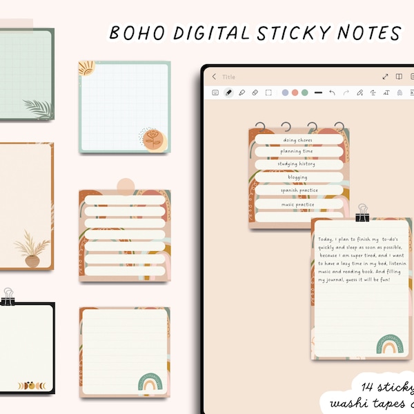 Notes autocollantes numériques Boho Aesthetic | Autocollants de planificateur numérique | Bloc-notes Boho | Autocollants de prise de notes numériques | Autocollants pour iPad et tablette