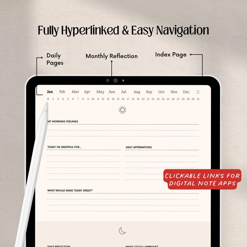 May include: A digital planner interface displayed on a tablet, featuring daily pages, monthly reflection, and an index page. The screen shows a calendar layout with prompts for gratitude and affirmations. The text "Fully Hyperlinked & Easy Navigation" is at the top.