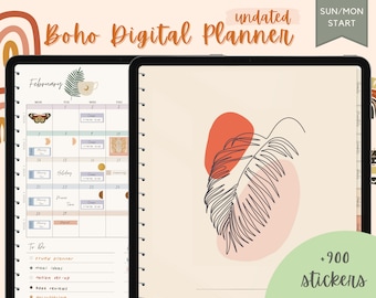Boho Undated Planner | Hyperlinked Boho Digital Planner | Planer na iPada | Notability, Noteshelf GoodNotes Planner + Książka na naklejki