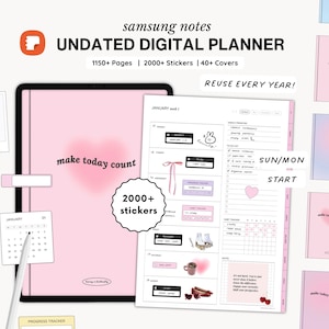 Può includere: Un planner digitale rosa per Samsung Notes con il testo "UNDATED DIGITAL PLANNER" e "REUSE EVERY YEAR!" Il planner include oltre 1150 pagine, oltre 2000 adesivi e oltre 40 copertine. Il planner ha uno schema di colori rosa e bianco con un simpatico coniglietto dei cartoni animati e un cuore.
