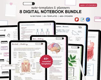 Pacchetto di quaderni digitali Samsung Notes e GoodNotes, 8 quaderni con collegamenti ipertestuali, oltre 65 modelli di agenda per studenti e per la vita quotidiana, oltre 2000 adesivi.