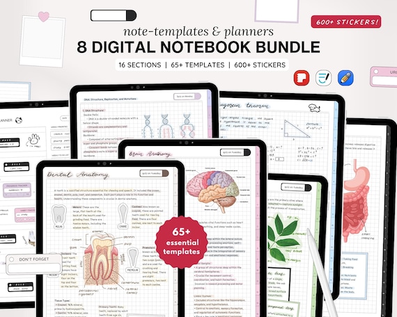 Samsung Notes & GoodNotes Digital Notebook BUNDLE, 8 Hyperlinked Notebooks, 65+ Student and Life Planner Templates, 2000+ Stickers