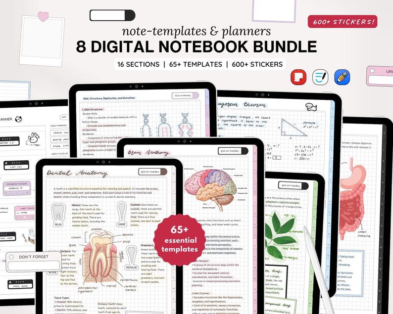 Samsung Notes & GoodNotes Digital Planner BUNDLE, 8 Hyperlinked Notebooks, 65+ Student and Life Planner Templates, 2000+ Stickers, Digital Sticker Book