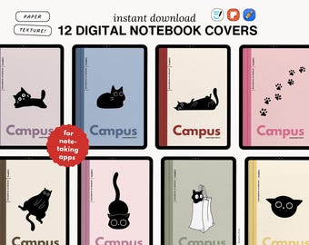 12 Silly Cat Digital Campus Notebook & Planner Covers | Paper Texture | GoodNotes, Samsung Notes etc. (Digital Download)