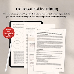 May include: A digital tablet with a white stylus and printed pages. The pages display text about CBT-based positive thinking, cognitive distortions, and thoughtful guides. A red sticker says "comes with thoughtful guides."