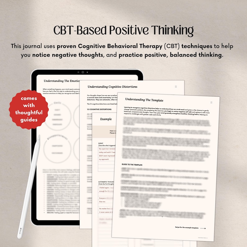 May include: A digital tablet with a white stylus and printed pages. The pages display text about CBT-based positive thinking, cognitive distortions, and thoughtful guides. A red sticker says "comes with thoughtful guides."