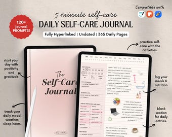 365 Day Self-Care Digital Journal, Minimalist Daily Journal with 120 Prompts, Undated PDF Wellness Planner for iPad & Tablet