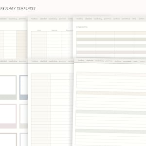 Może przedstawiać: Drukowana karta pracy z 14 szablonami słownictwa. Szablony zawierają sekcje na słowo, znaczenie, rodzaj męski, synonimy, zdanie, ilustracje, notatki i dwie sekcje na dodatkowe notatki. Szablony mają pom&oacute;c uczniom w rozszerzeniu słownictwa.