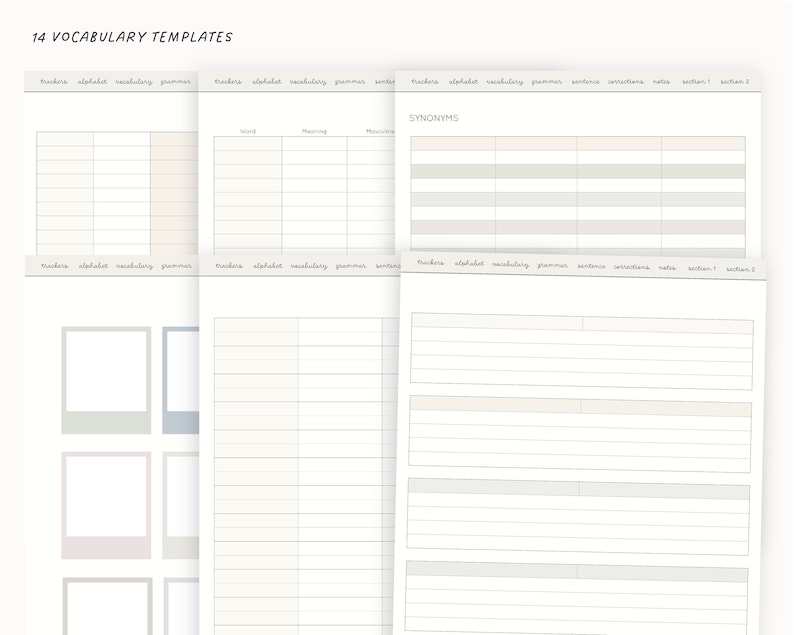 Może przedstawiać: Drukowana karta pracy z 14 szablonami słownictwa. Szablony zawierają sekcje na słowo, znaczenie, rodzaj męski, synonimy, zdanie, ilustracje, notatki i dwie sekcje na dodatkowe notatki. Szablony mają pom&oacute;c uczniom w rozszerzeniu słownictwa.