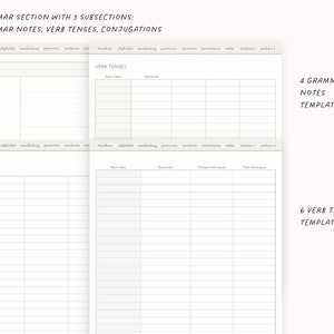 Może przedstawiać: Drukowane szablony notatek gramatycznych i czas&oacute;w  czasownik&oacute;w. Szablony są podzielone na sekcje: notatki gramatyczne, czasy  czasownik&oacute;w i koniugacje. Każda sekcja zawiera siatkę z wierszami i kolumnami do pisania.