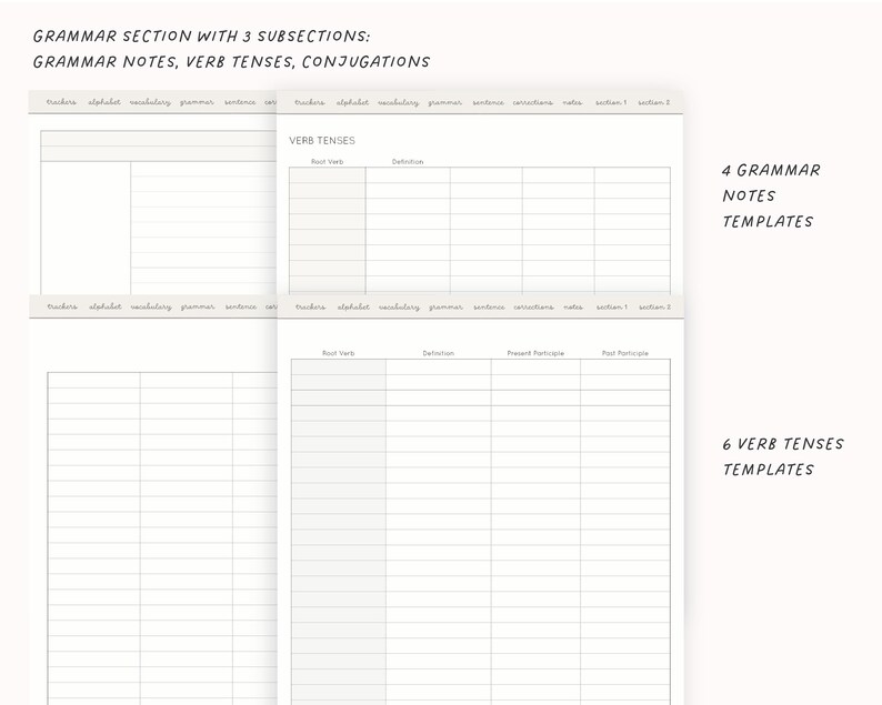 Może przedstawiać: Drukowane szablony notatek gramatycznych i czas&oacute;w  czasownik&oacute;w. Szablony są podzielone na sekcje: notatki gramatyczne, czasy  czasownik&oacute;w i koniugacje. Każda sekcja zawiera siatkę z wierszami i kolumnami do pisania.