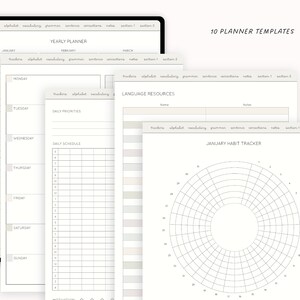 Może przedstawiać: Dziesięć drukowanych szablon&oacute;w planera do organizowania codziennego harmonogramu, śledzenia nawyk&oacute;w i zarządzania zasobami nauki język&oacute;w. Szablony charakteryzują się prostym, minimalistycznym designem z układem siatki.