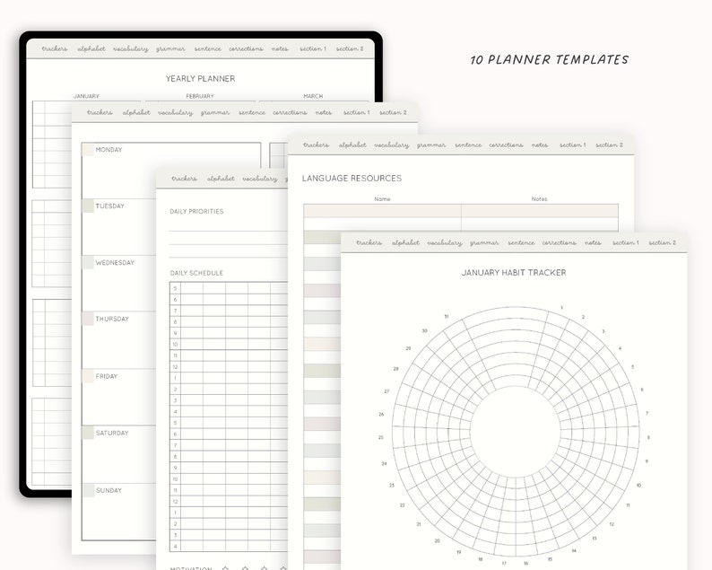Może przedstawiać: Dziesięć drukowanych szablon&oacute;w planera do organizowania codziennego harmonogramu, śledzenia nawyk&oacute;w i zarządzania zasobami nauki język&oacute;w. Szablony charakteryzują się prostym, minimalistycznym designem z układem siatki.