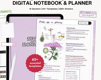 May include: Digital notebook and planner for students, with 600+ stickers and 65+ templates. The image shows a tablet displaying a digital notebook page detailing the parts of a flower. Text includes "note-taking," "daily," and "urgent."
