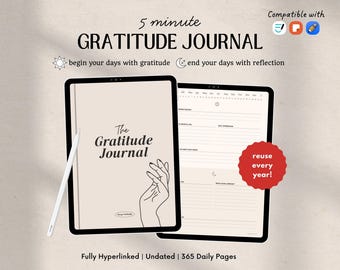 Daily Gratitude Journal, 5 Minute PDF Gratitude Journal, 365 Day Digital Notebook, GoodNotes, Samsung Notes