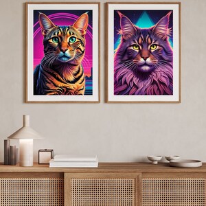Digital Download Cat Art, Bright & Colourful Cat Images Set of 4 for Wall Art, Perfect Gift for Cat Lovers