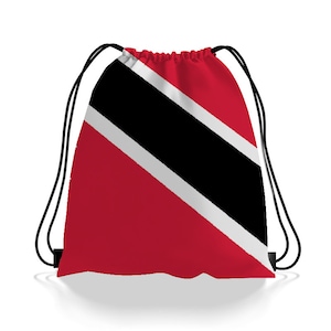 May include: A red, white, and black drawstring bag with the flag of Trinidad and Tobago printed on it.