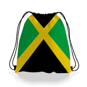 May include: A black drawstring bag with a yellow and green Jamaican flag design.