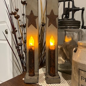 Pair of Distressed Primitive Candle Sconces with Grubby Candle and Rusty Star