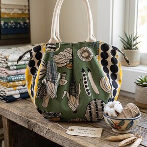 Harvest tote handbag/ Handbag veggie print  / mid century print with corn charm