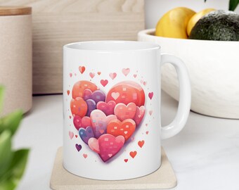Valentine's Pink and Red & Purple Heart Mug, Valentines Day Coffee Mug, 11 oz Mug, Pink Hearts Coffee Mug, Valentines Kitchen, Gift for Her