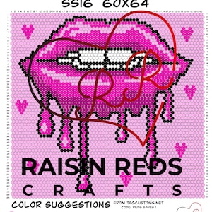 以下が含まれることがあります： ピンクと赤の唇のデザインのビーズパターンで、下部に「Lip Love SS16 60x64」と「Raisin Reds Crafts」のテキストがあります。パターンは60×64ビーズのデザイン用です。