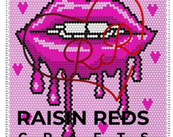 May include: A beading pattern for a pink and red lip design with the text "Lip Love SS16 60x64" and "Raisin Reds Crafts" at the bottom. The pattern is for a 60 by 64 bead design.