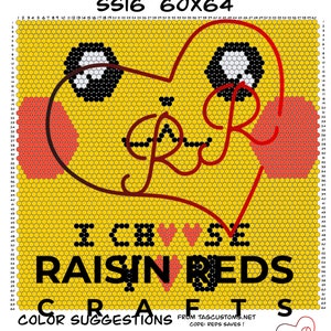 Puede incluir: Un patrón de abalorios para un diseño en forma de corazón con el texto "I Choose You" y "Raisin Reds Crafts" en negro. El patrón tiene 60 abalorios de ancho y 64 abalorios de alto. El corazón está delineado en rojo y relleno de abalorios amarillos. El texto está en abalorios negros. El patrón es para usar con abalorios de tamaño 16.