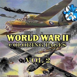 Könnte beinhalten: Ein Cover für ein Malbuch mit Flugzeugen aus der Zeit des Zweiten Weltkriegs im Flug. Das Cover ist gelb mit dem Text "WORLD WAR II COLORING PAGES VOL 2" in schwarzen Buchstaben.