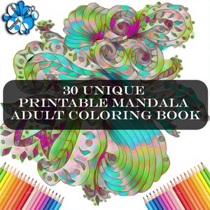 Può includere: Un libro da colorare per adulti stampabile con 30 disegni unici di mandala. La copertina presenta un mandala colorato con dettagli intricati. Il libro è perfetto per alleviare lo stress e il rilassamento.
