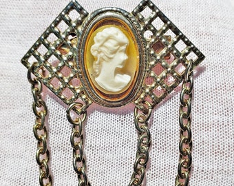 Vintage / Antique Victorian Style CAMEO BROOCH with Filigree Settings and Chains, Oval Cameo on 2 Rhombus