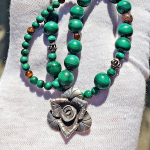 Vintage Necklace with Malachite, Goldenstone, Tiger Eye Beads and Silver-tone Rose Charm