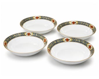 Royal Bayreuth ROB154 Soup Bowls Set of 4, Vintage Bavaria Porcelain, Blue Scrolls Rust Flowers, Gold Trim, Discontinued China