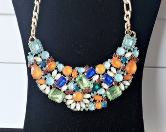 Vintage Boho, Shabby Chic style Bib Necklace with Multi-colors Glass Crystals and Rhinestones, Gold-tone Chunky Figaro Chain Links