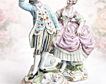 Antique Carl Thieme Dresden Porcelain Figurines – Rococo Courting Couple, Hand-Painted Pair